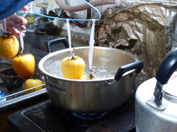 皮を剥いた柿を熱湯につける